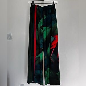 Wide Leg Tropical Print Pants — Black, Green & Red